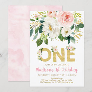 Invitación de primer cumpleaños de Floral de oro r