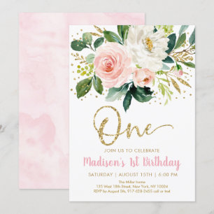 Invitación de primer cumpleaños de Floral de oro r