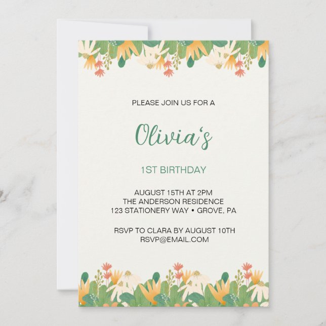 Invitación de primer cumpleaños de Flores (Anverso)