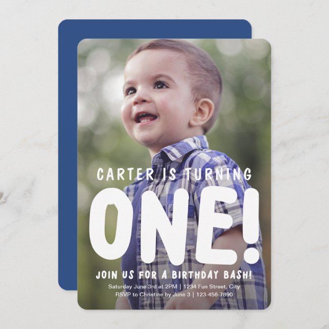Invitación de primer cumpleaños de foto completa v (Anverso / Reverso)