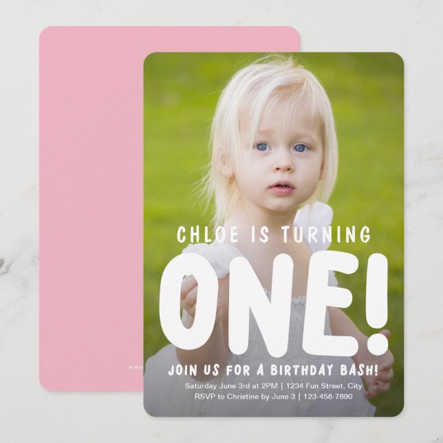 Invitación de primer cumpleaños de foto completa v (Anverso / Reverso)
