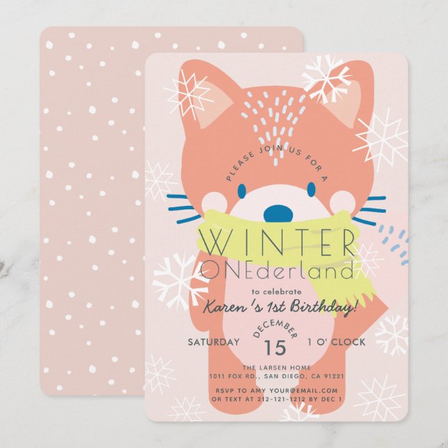 Invitación de primer cumpleaños de Fox Winter Oned (Anverso / Reverso)