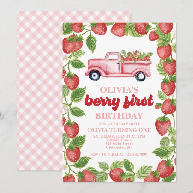 Invitación de primer cumpleaños de fresa Berry (Anverso / Reverso)