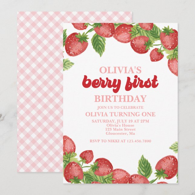Invitación de primer cumpleaños de fresa Berry (Anverso / Reverso)