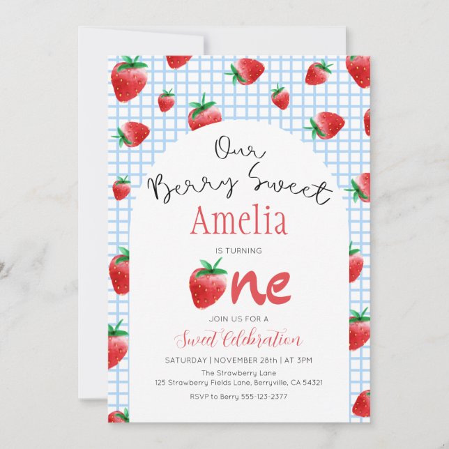 Invitación de primer cumpleaños de fresa Berry Swe (Anverso)