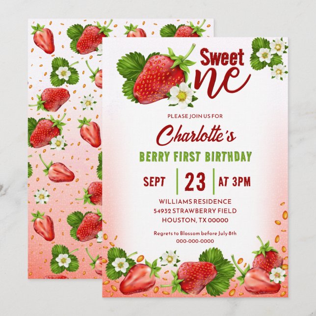 Invitación de primer cumpleaños de fresa dulce (Anverso / Reverso)