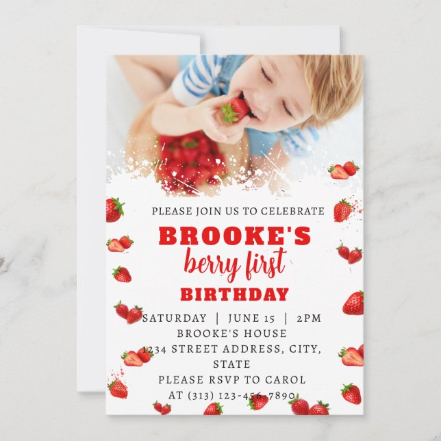 Invitación de primer cumpleaños de fresa editable (Anverso)
