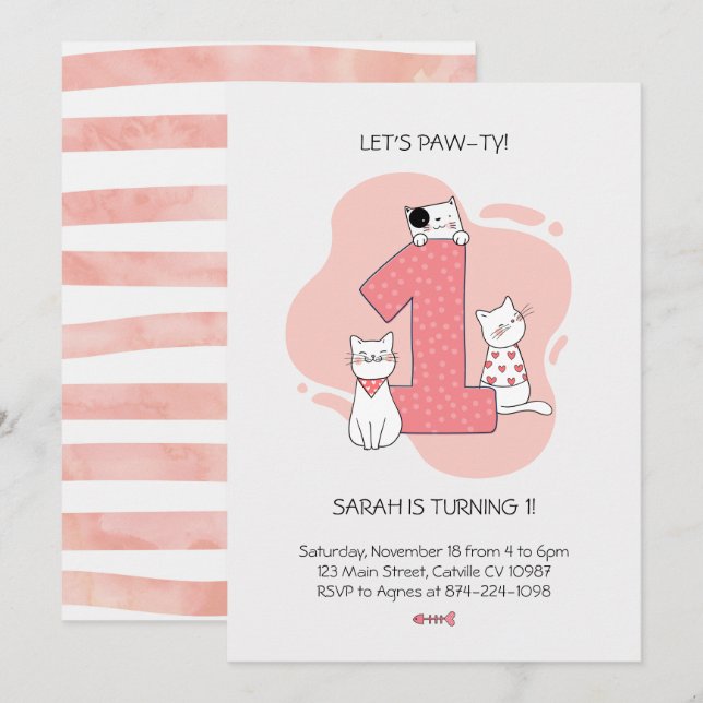 Invitación de primer cumpleaños de gato minimalist (Anverso / Reverso)