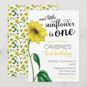 Invitación de primer cumpleaños de girasol acuarel