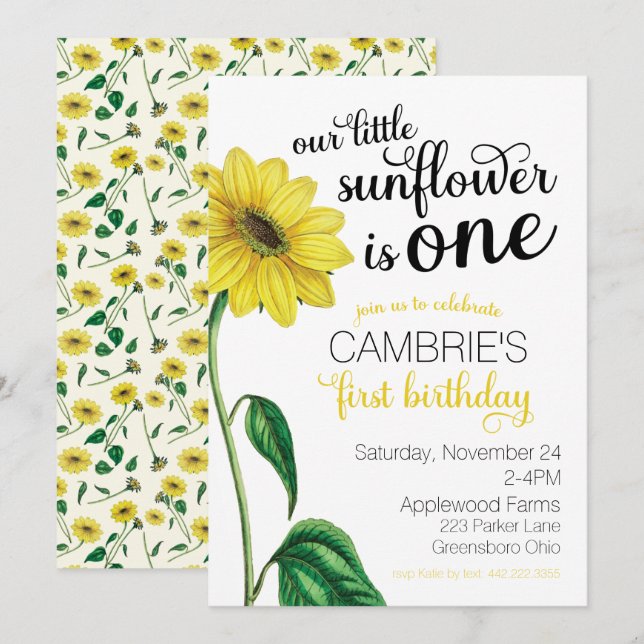 Invitación de primer cumpleaños de girasol acuarel (Anverso / Reverso)