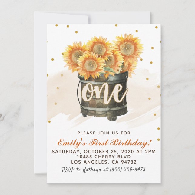 Invitación de primer cumpleaños de girasol en otoñ (Anverso)