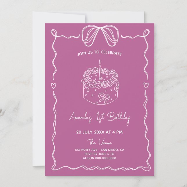 Invitación de primer cumpleaños de Girly Bow Cake (Anverso)
