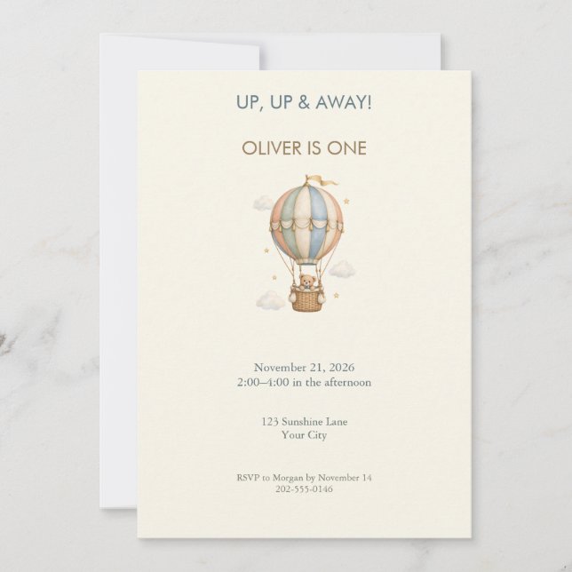 Invitación de primer cumpleaños de globo Teddy (Anverso)
