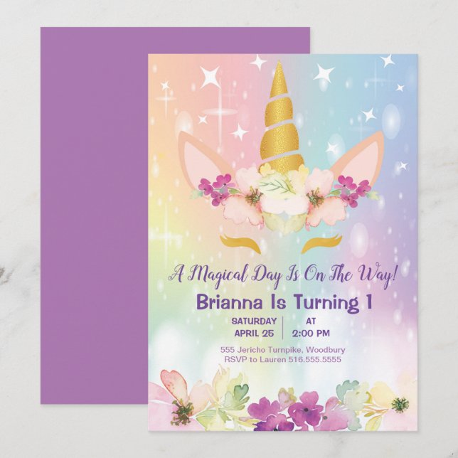 Invitación de primer cumpleaños de Gold Unicorn Ra (Anverso / Reverso)