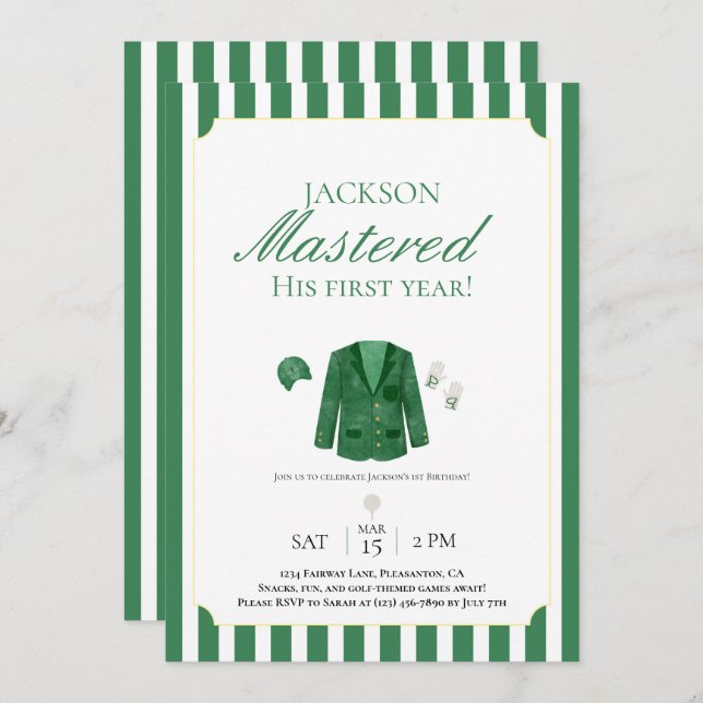 Invitación de primer cumpleaños de Green Jacket Go (Anverso / Reverso)