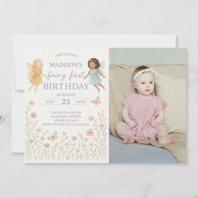 Invitación de primer cumpleaños de hadas hadas hoc (Anverso)
