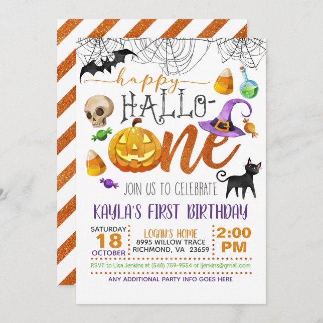 Invitación de primer cumpleaños de Halloween (Anverso / Reverso)
