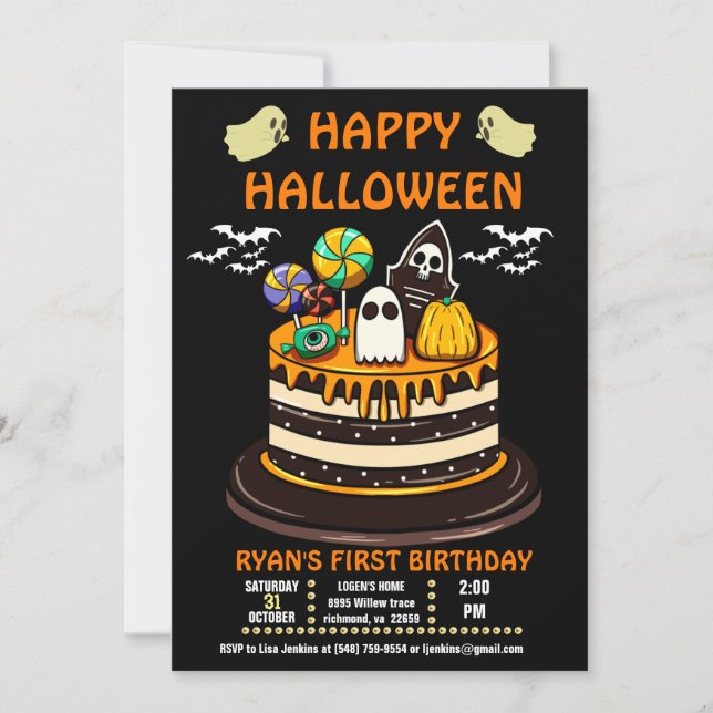 Invitación de primer cumpleaños de Halloween (Anverso)