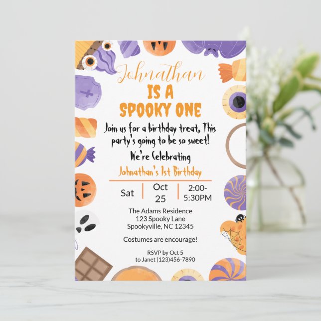 Invitación de primer cumpleaños de Halloween a uno (Anverso de pie)