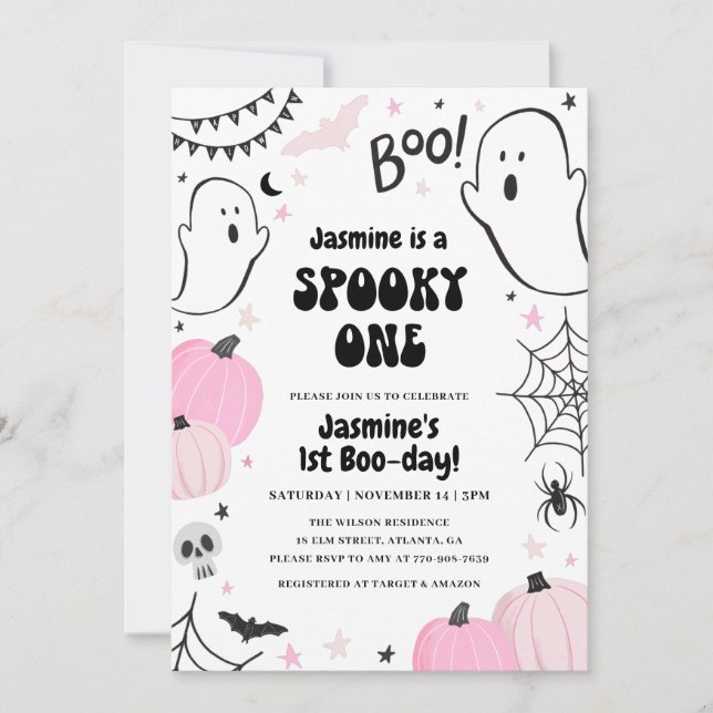 Invitación de primer cumpleaños de Halloween Rosad (Anverso)