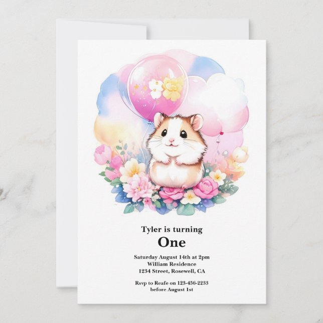 Invitación de primer cumpleaños de Hamster (Anverso)