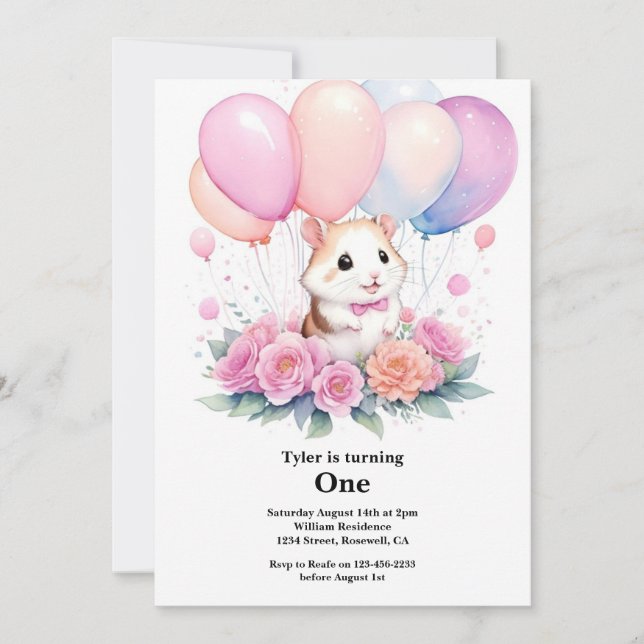Invitación de primer cumpleaños de Hamster (Anverso)