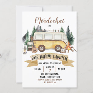 Invitación de primer cumpleaños de Happy Camper Bo