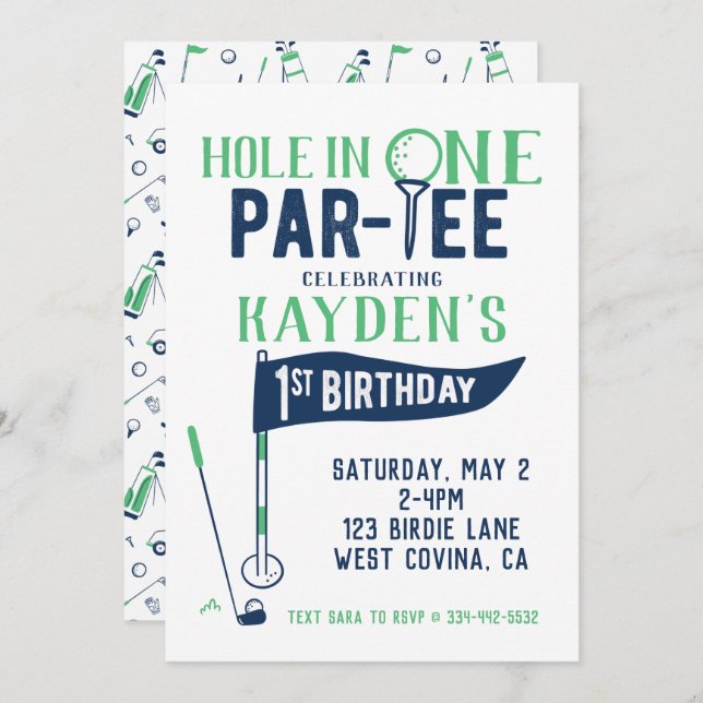 Invitación de primer cumpleaños de Hole in One Doo (Anverso / Reverso)