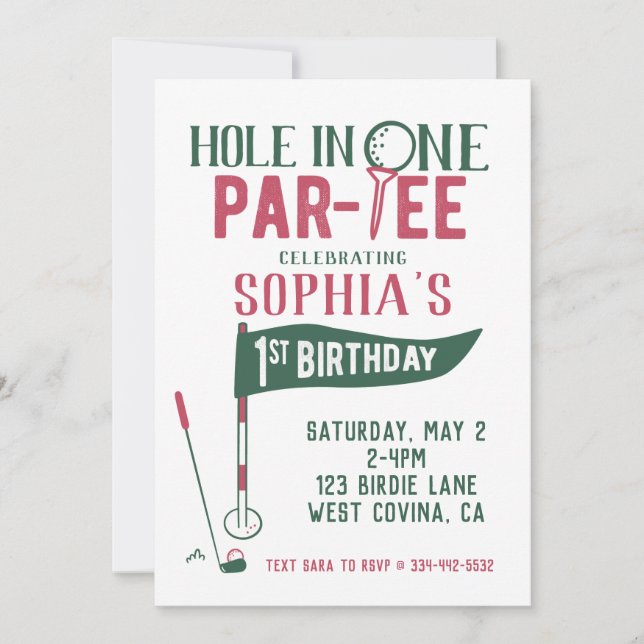 Invitación de primer cumpleaños de Hole in One Doo (Anverso)