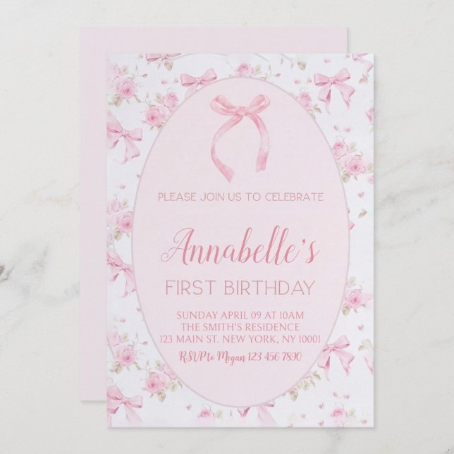Invitación de primer cumpleaños de inflexión rosa  (Anverso / Reverso)