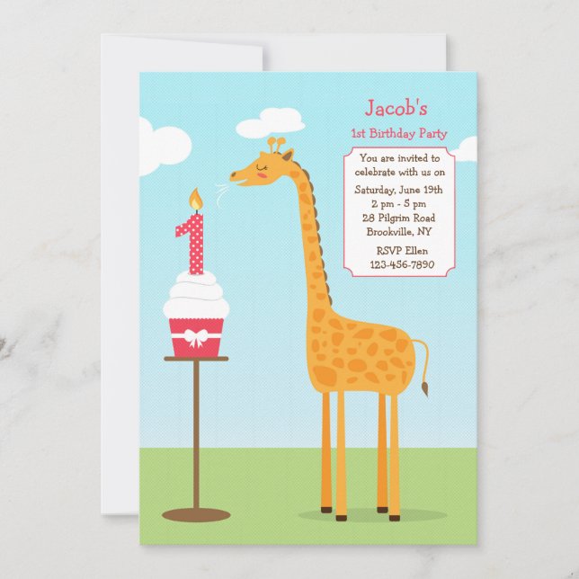Invitación de primer cumpleaños de jirafa (Anverso)
