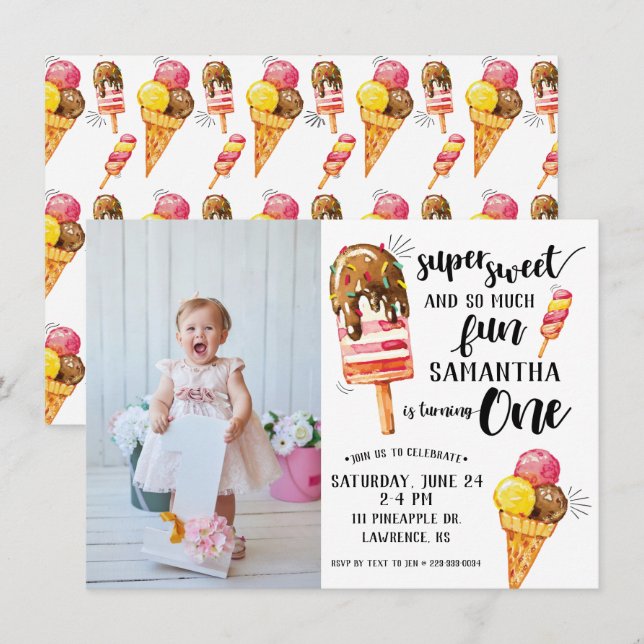 Invitación de primer cumpleaños de la crema de hie (Anverso / Reverso)