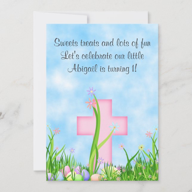 Invitación de primer cumpleaños de la Cruz Rosa y  (Anverso)