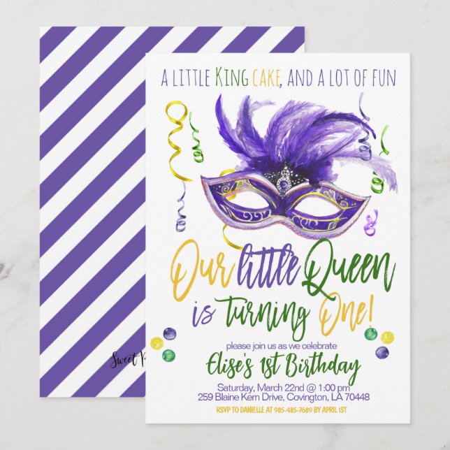 Invitación de primer cumpleaños de la Reina Mardi  (Anverso / Reverso)
