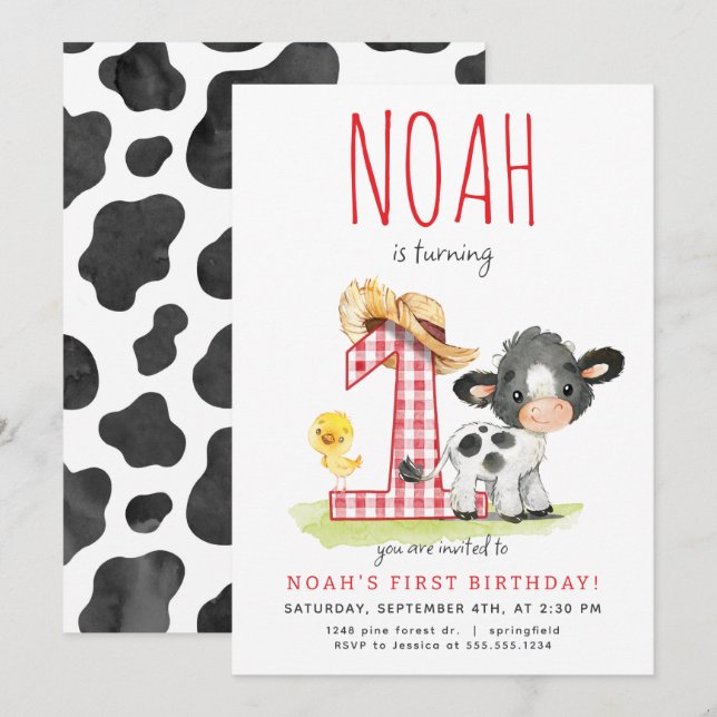 Invitación de primer cumpleaños de la vaca de gran (Anverso / Reverso)