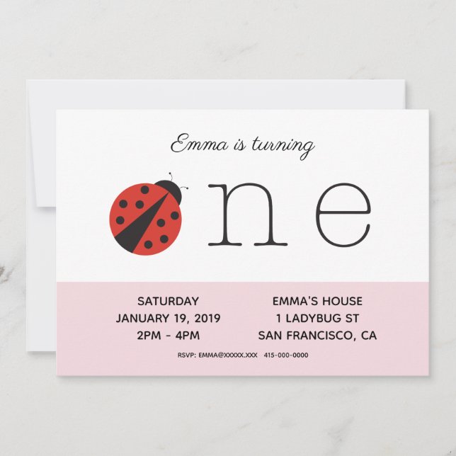 Invitación de primer cumpleaños de Ladybug en rosa (Anverso)