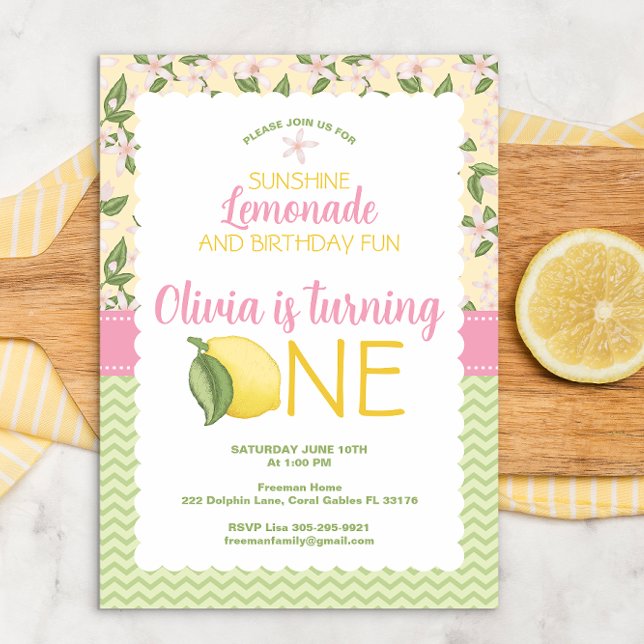 Invitación de primer cumpleaños de Lemonade Rosada (Subido por el creador)