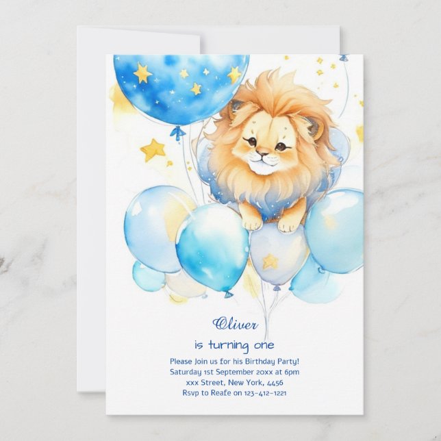 Invitación de primer cumpleaños de león (Anverso)