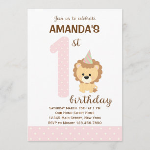 Invitación de primer cumpleaños de león (rosa)