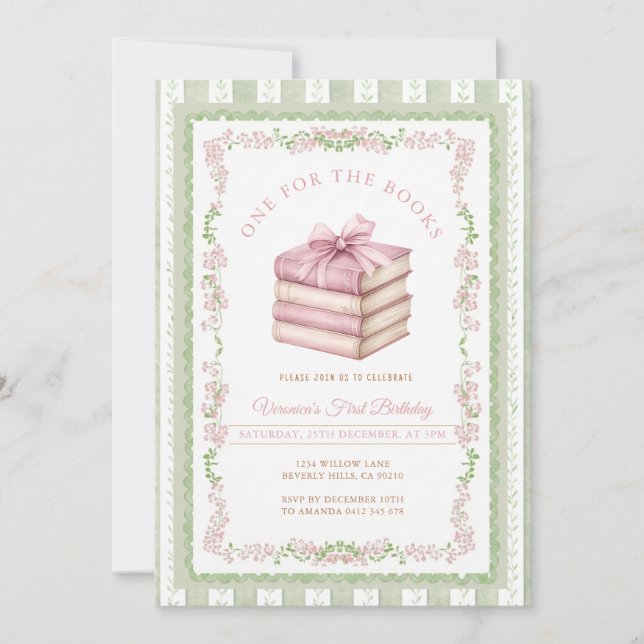 Invitación de primer cumpleaños de libros verde sa (Anverso)