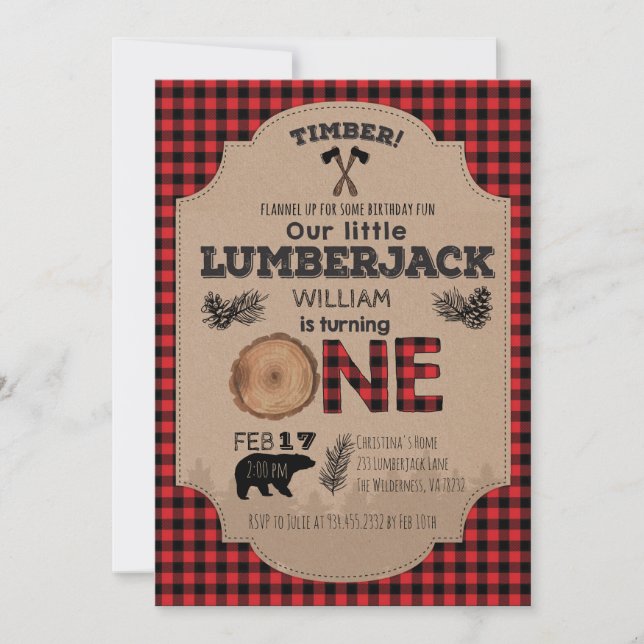 Invitación de primer cumpleaños de Lumberjack (Anverso)