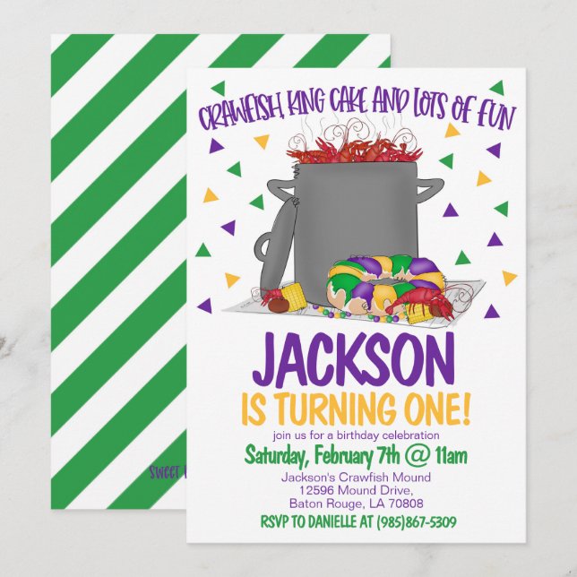 Invitación de primer cumpleaños de Mardi Gras Craw (Anverso / Reverso)