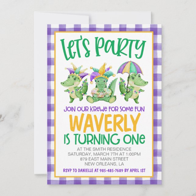 Invitación de primer cumpleaños de Mardi Gras Krew (Anverso)