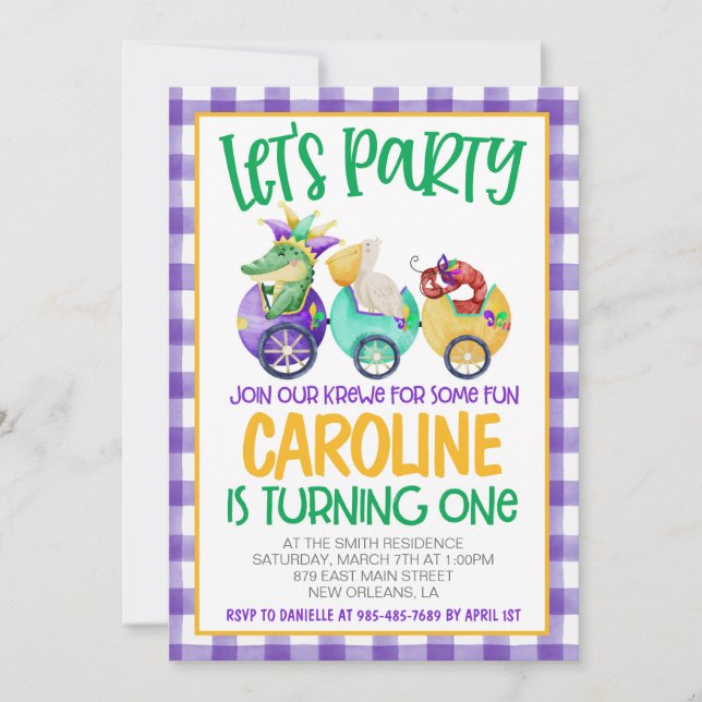 Invitación de primer cumpleaños de Mardi Gras Krew (Anverso)