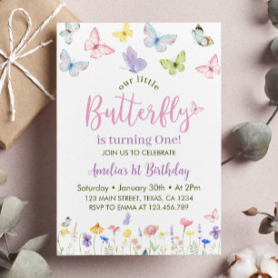 Invitación de primer cumpleaños de Mariposa Flora 