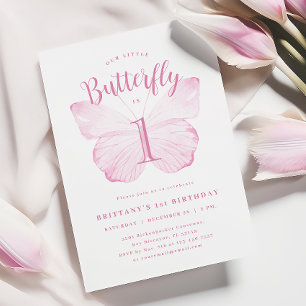 Invitación de primer cumpleaños de mariposa rosa