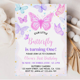 Invitación de primer cumpleaños de mariposa rosa