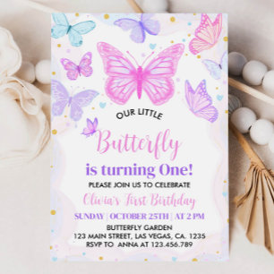 Invitación de primer cumpleaños de mariposa rosa