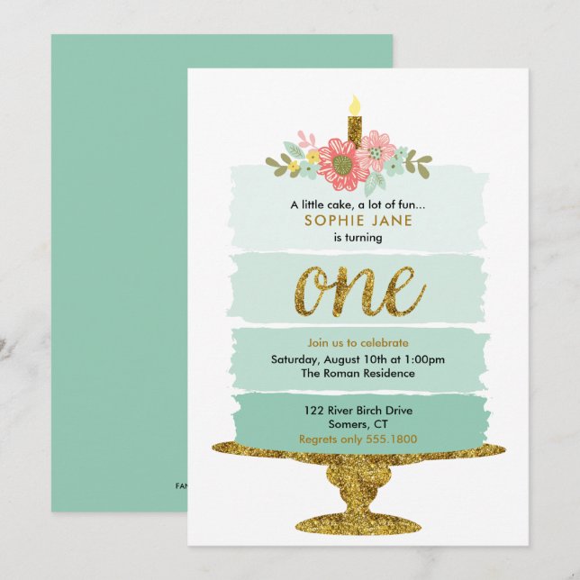Invitación de primer cumpleaños de Mint Green Ombr (Anverso / Reverso)
