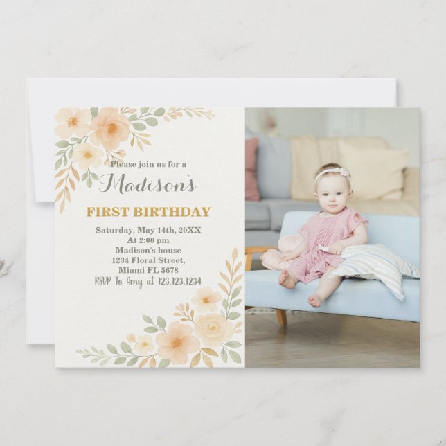 Invitación de primer cumpleaños de moda Floral (Anverso)